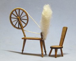 Tudor Spinning Wheel and Chair Half-inch scale