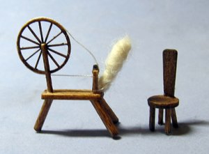 Tudor Spinning Wheel and Chair Quarter-inch scale