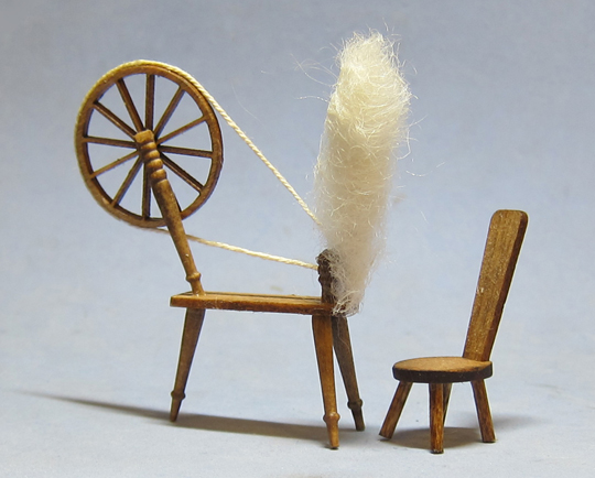 Tudor Spinning Wheel and Chair Half-inch scale - Click Image to Close